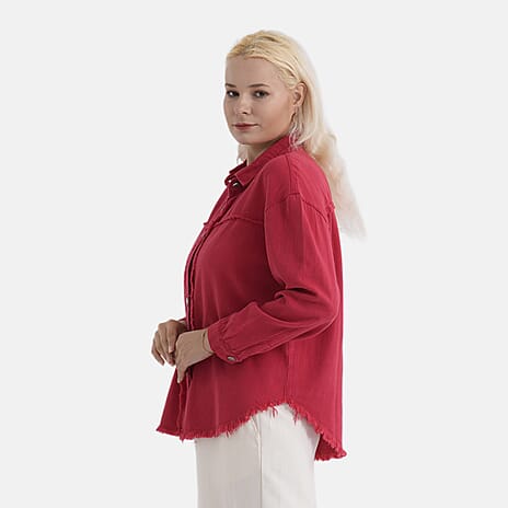 - Maisi 100% Cotton Classic Denim Shirt Jacket With Frayed Edge Detail (Size 14) - Red
