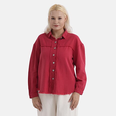 - Maisi 100% Cotton Classic Denim Shirt Jacket With Frayed Edge Detail (Size 16) - Red