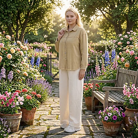 - Maisi 100% Cotton Classic Denim Shirt Jacket With Frayed Edge Detail (Size 12) - Khaki