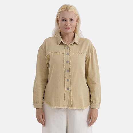 - Maisi 100% Cotton Classic Denim Shirt Jacket With Frayed Edge Detail (Size 14) - Khaki