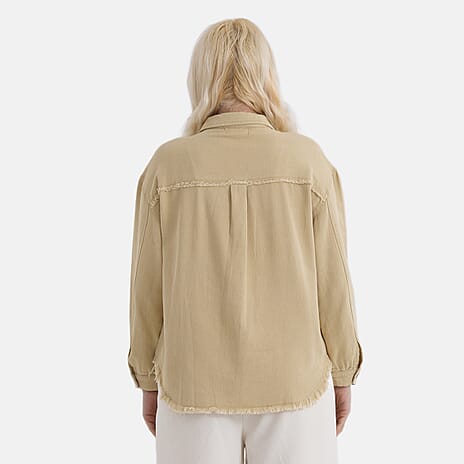 - Maisi 100% Cotton Classic Denim Shirt Jacket With Frayed Edge Detail (Size 14) - Khaki