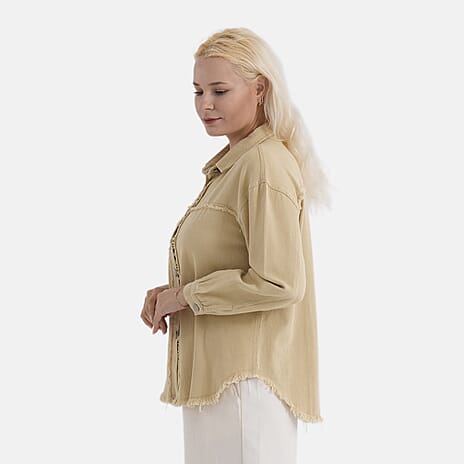 - Maisi 100% Cotton Classic Denim Shirt Jacket With Frayed Edge Detail (Size 18) - Khaki