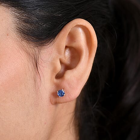 AAA Natural Kashmir Kyanite Solitaire Stud Push Post Earring in Platinum Overlay Sterling Silver 1.36 Ct.