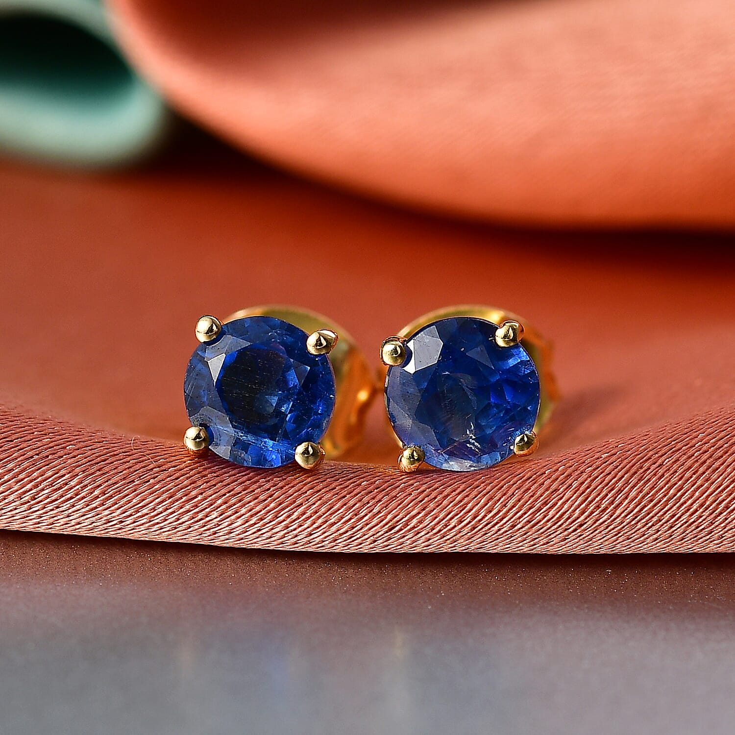 Kyanite Solitaire Stud Push Post Earring in Yellow Gold Plated Sterling Silver 1.36 Ct.