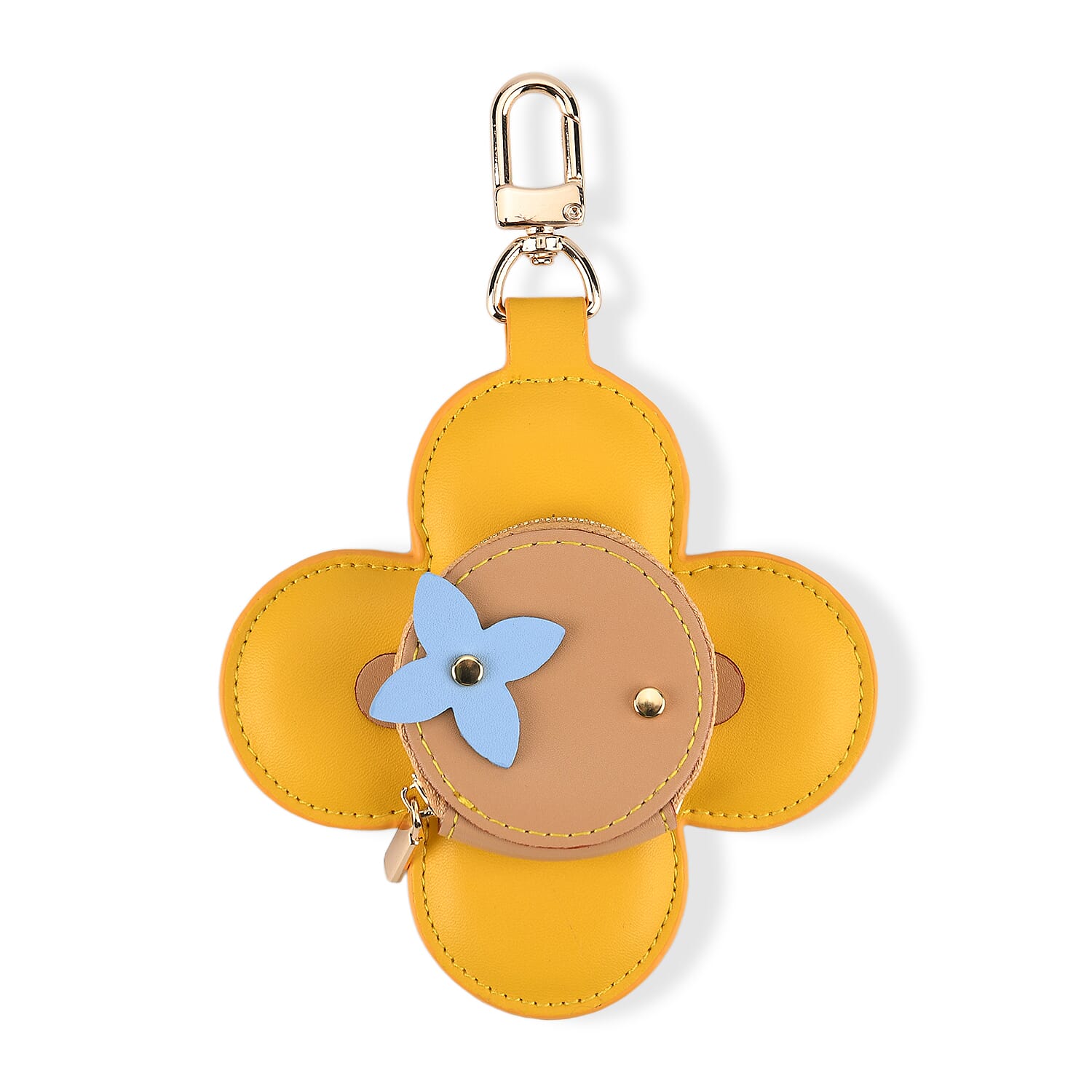 Genuine Leather Flower Keychain Bag Charm - Zipped Mini Coin Purse - Yellow & Khaki