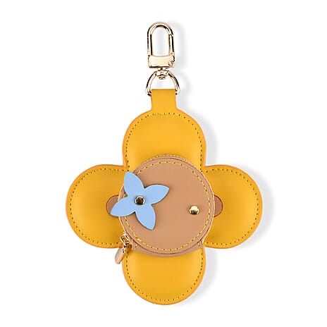 Genuine Leather Flower Keychain Bag Charm - Zipped Mini Coin Purse - Yellow & Khaki