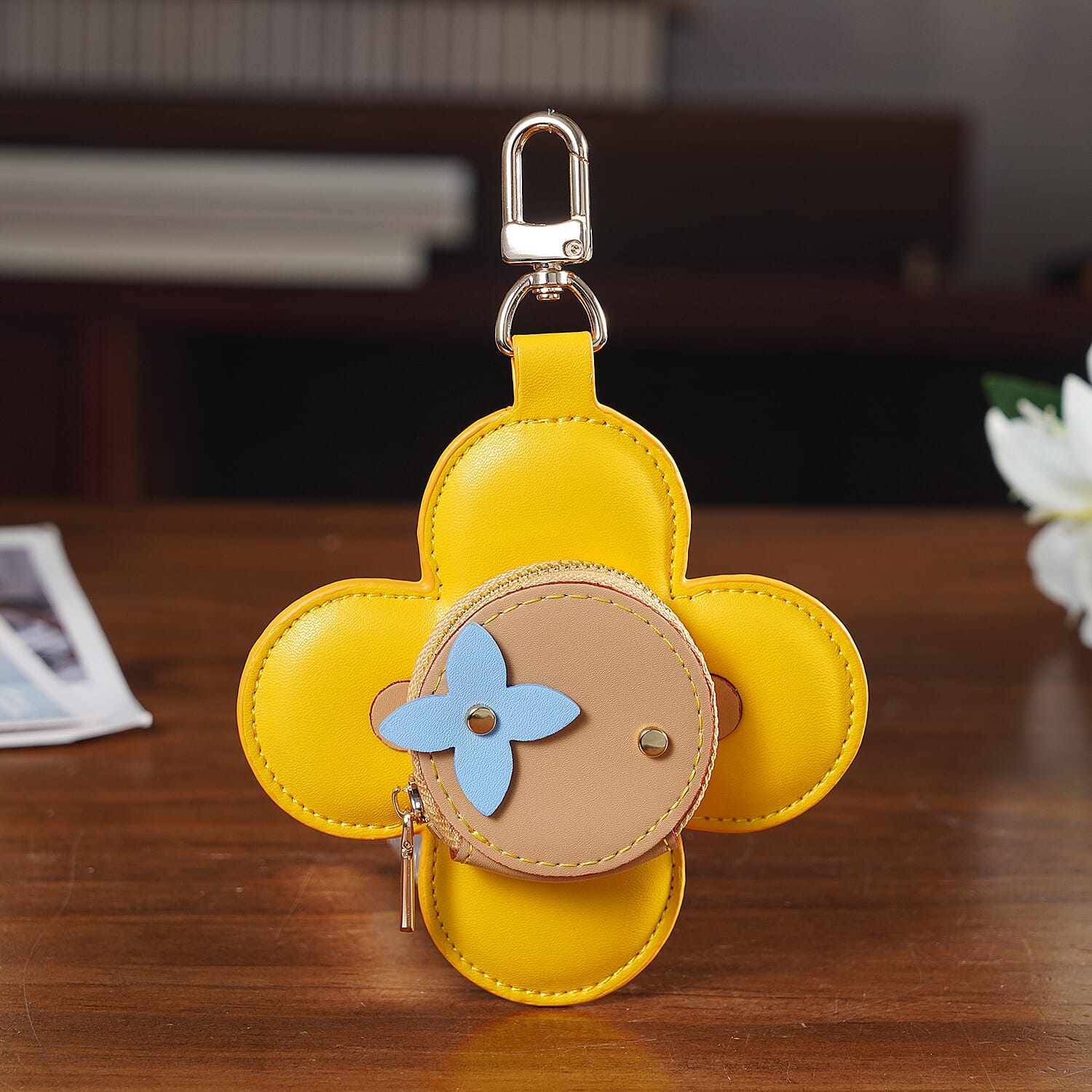 Genuine Leather Flower Keychain Bag Charm - Zipped Mini Coin Purse - Yellow & Khaki