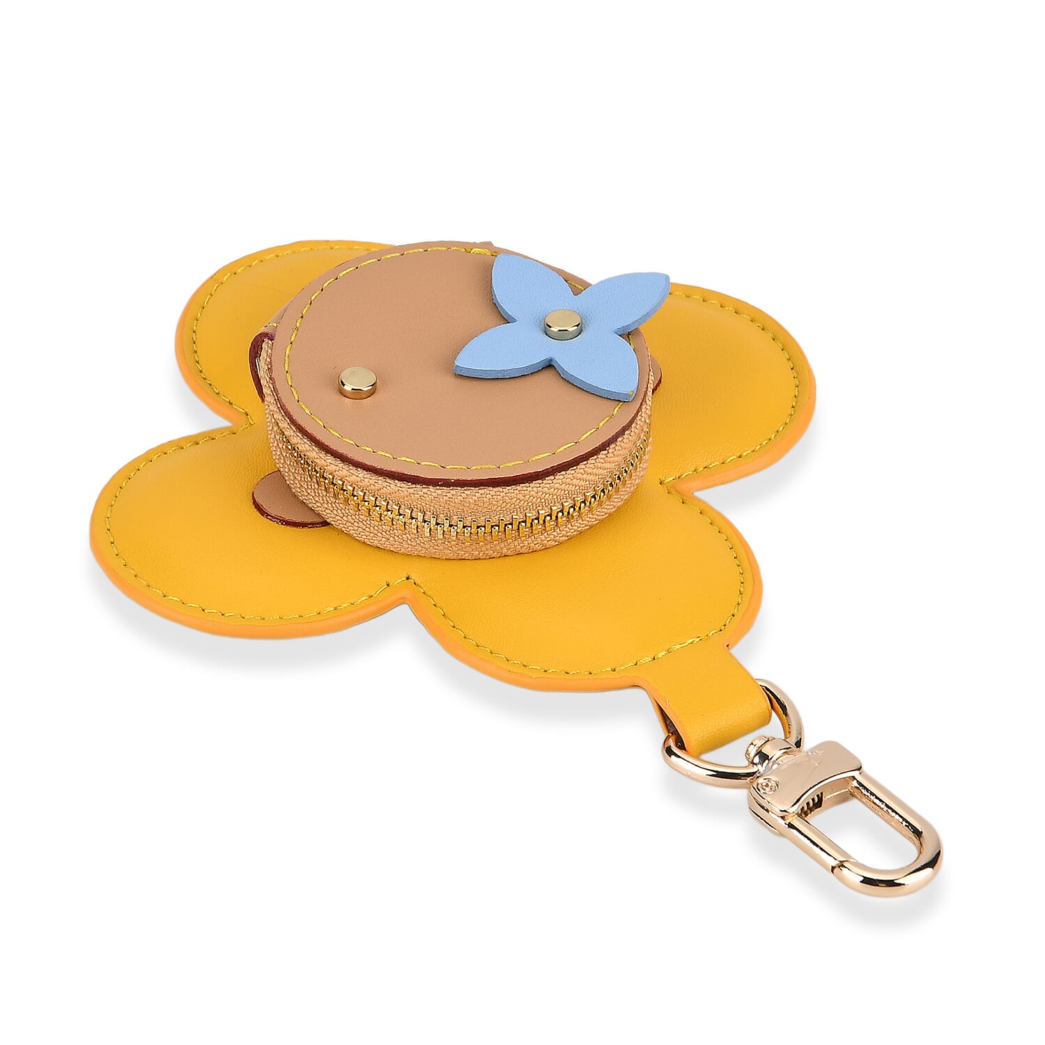 Genuine Leather Flower Keychain Bag Charm - Zipped Mini Coin Purse - Yellow & Khaki