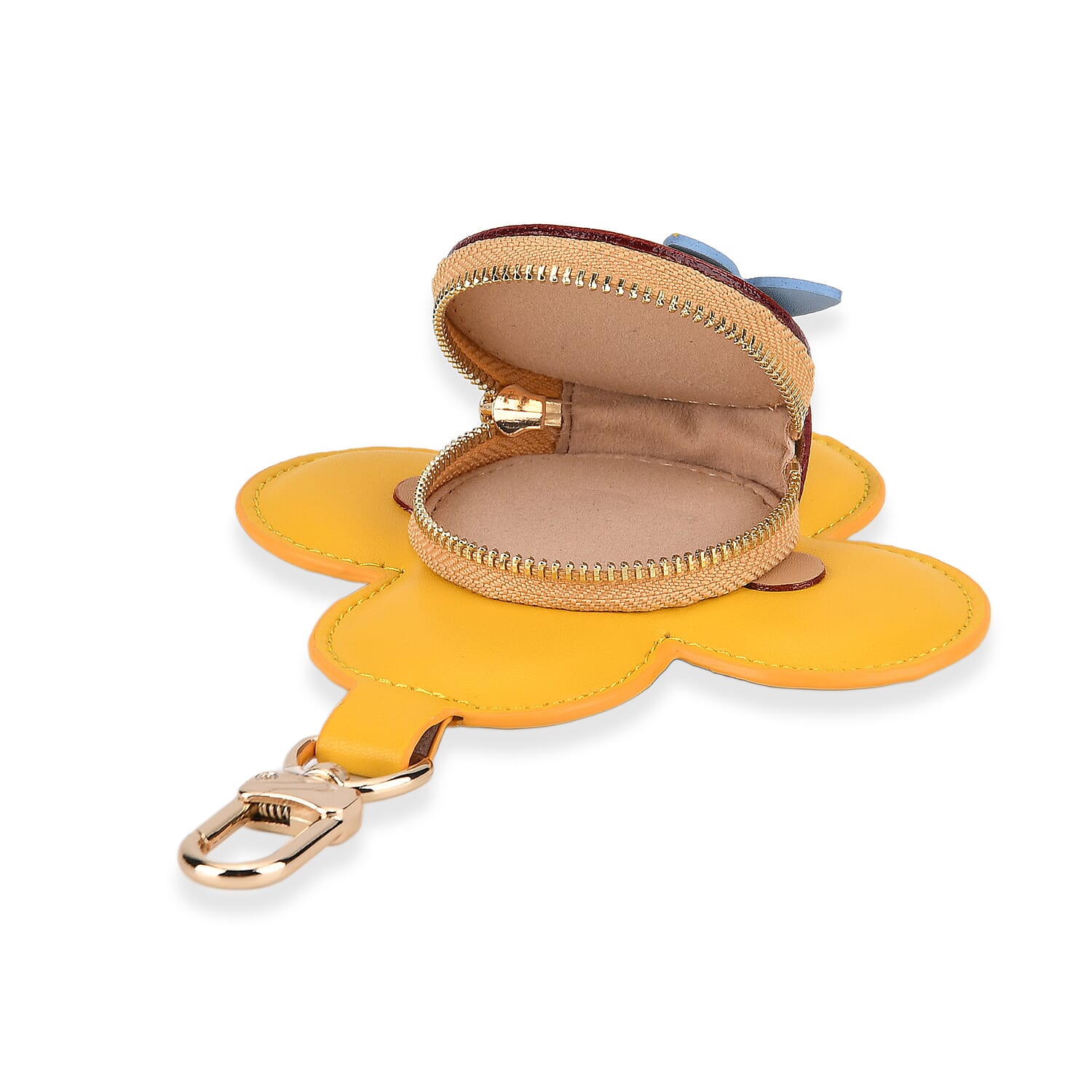Genuine Leather Flower Keychain Bag Charm - Zipped Mini Coin Purse - Yellow & Khaki