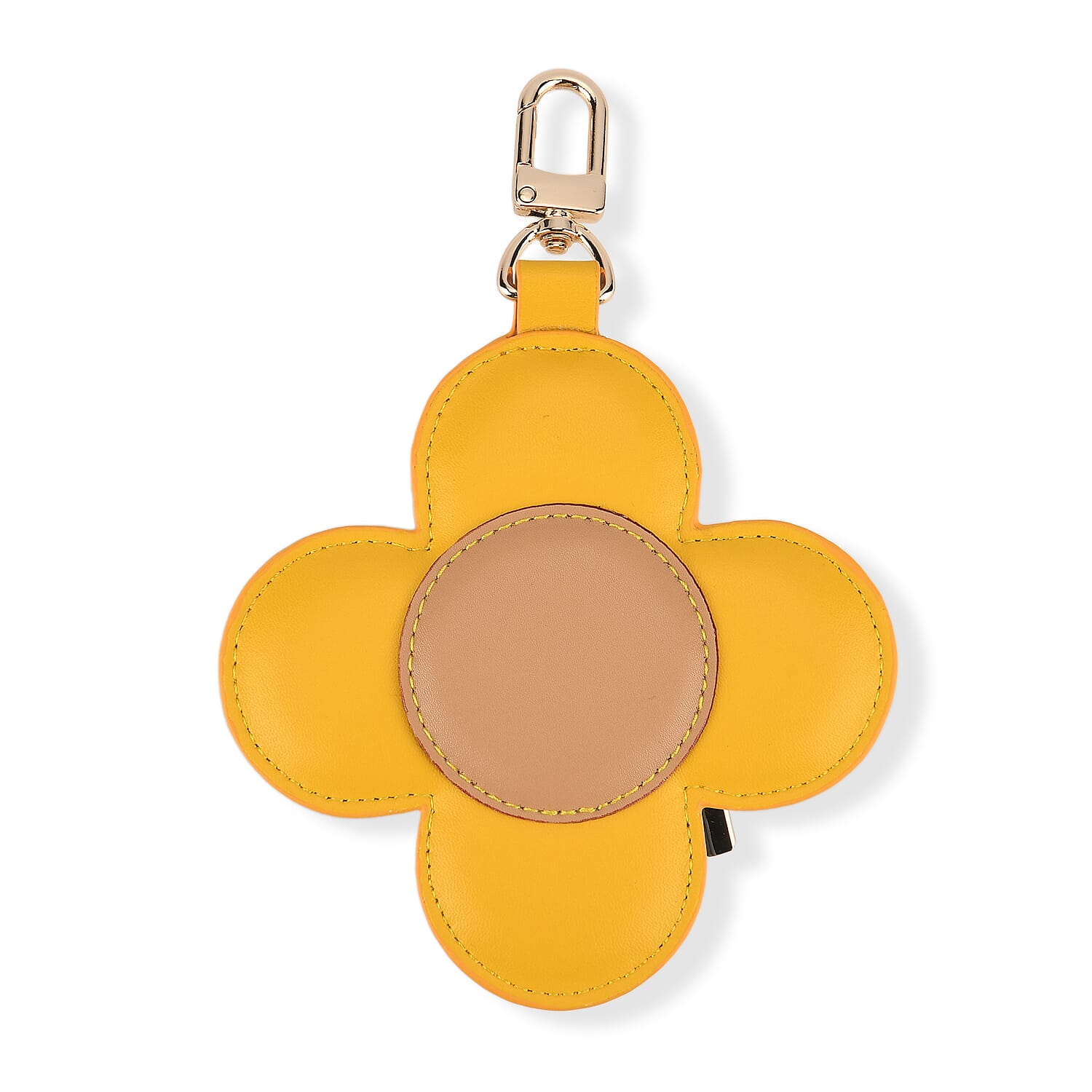 Genuine Leather Flower Keychain Bag Charm - Zipped Mini Coin Purse - Yellow & Khaki