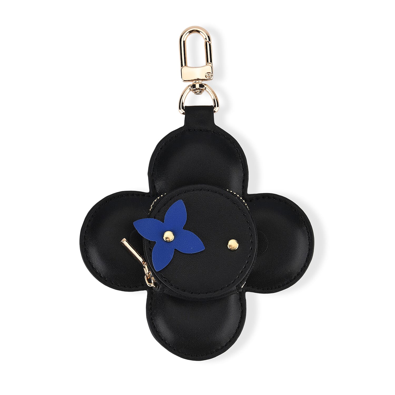 Genuine Leather Flower Keychain Bag Charm - Zipped Mini Coin Purse - Black