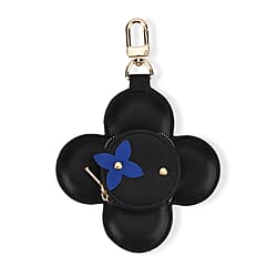 Genuine Leather Flower Keychain Bag Charm - Zipped Mini Coin Purse - Black