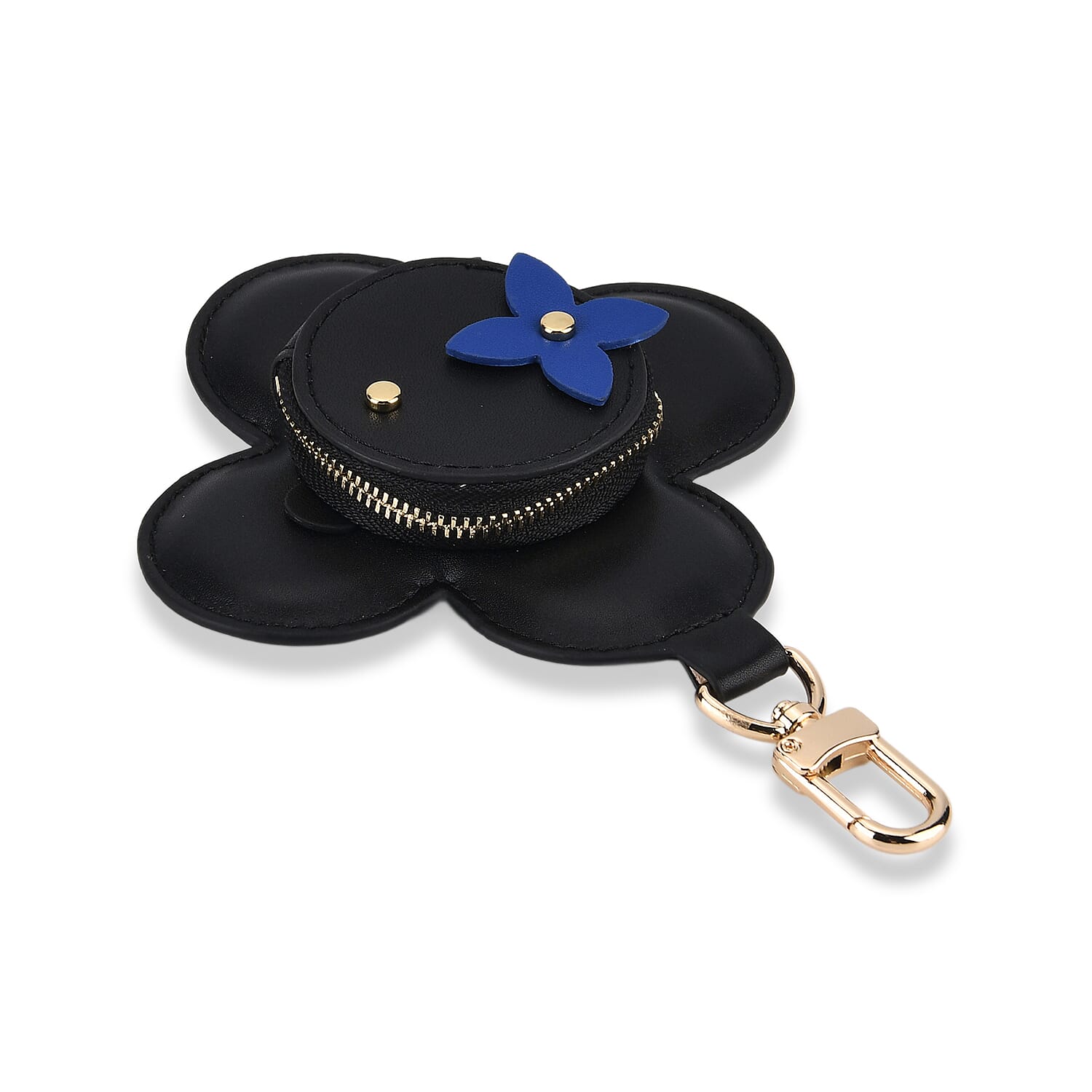 Genuine Leather Flower Keychain Bag Charm - Zipped Mini Coin Purse - Black