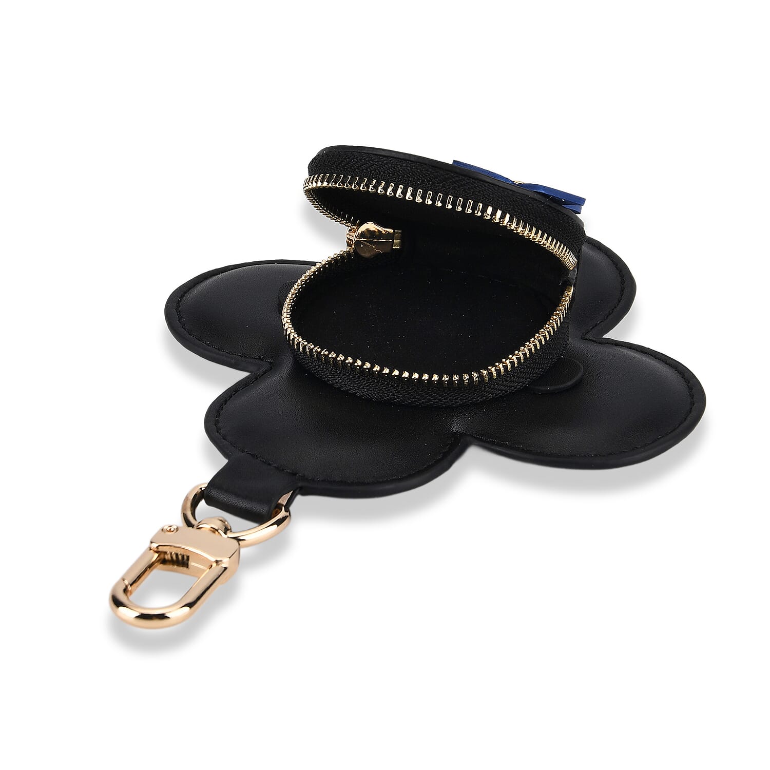 Genuine Leather Flower Keychain Bag Charm - Zipped Mini Coin Purse - Black