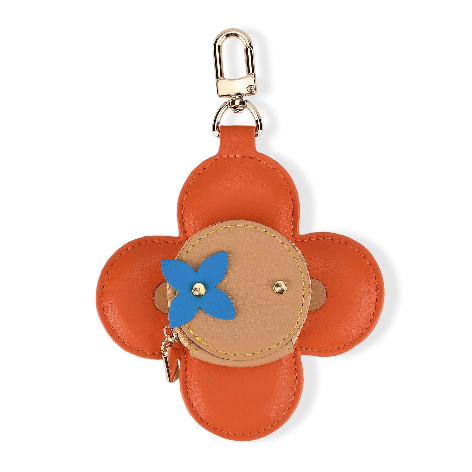 Genuine Leather Flower Keychain Bag Charm - Zipped Mini Coin Purse - Orange & Khaki