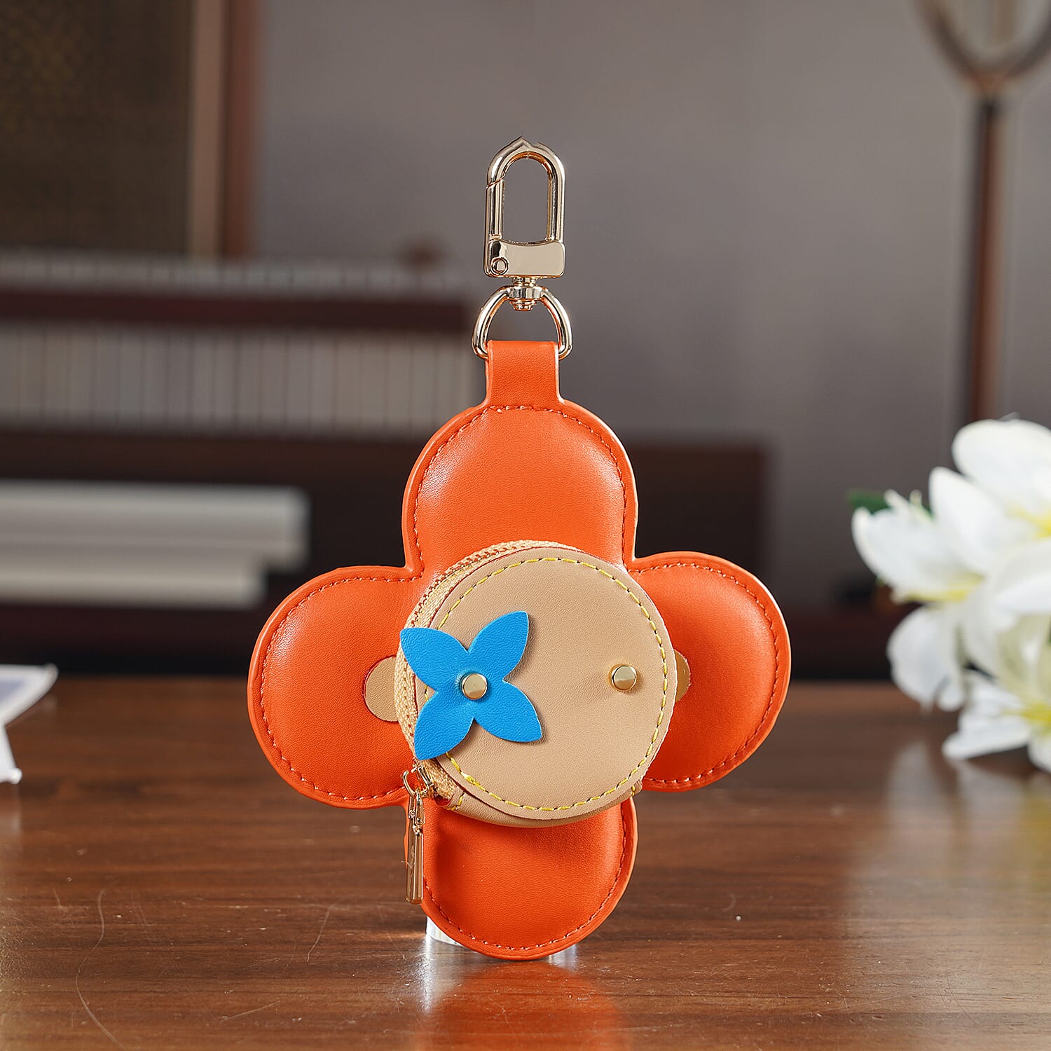 Genuine Leather Flower Keychain Bag Charm - Zipped Mini Coin Purse - Orange & Khaki