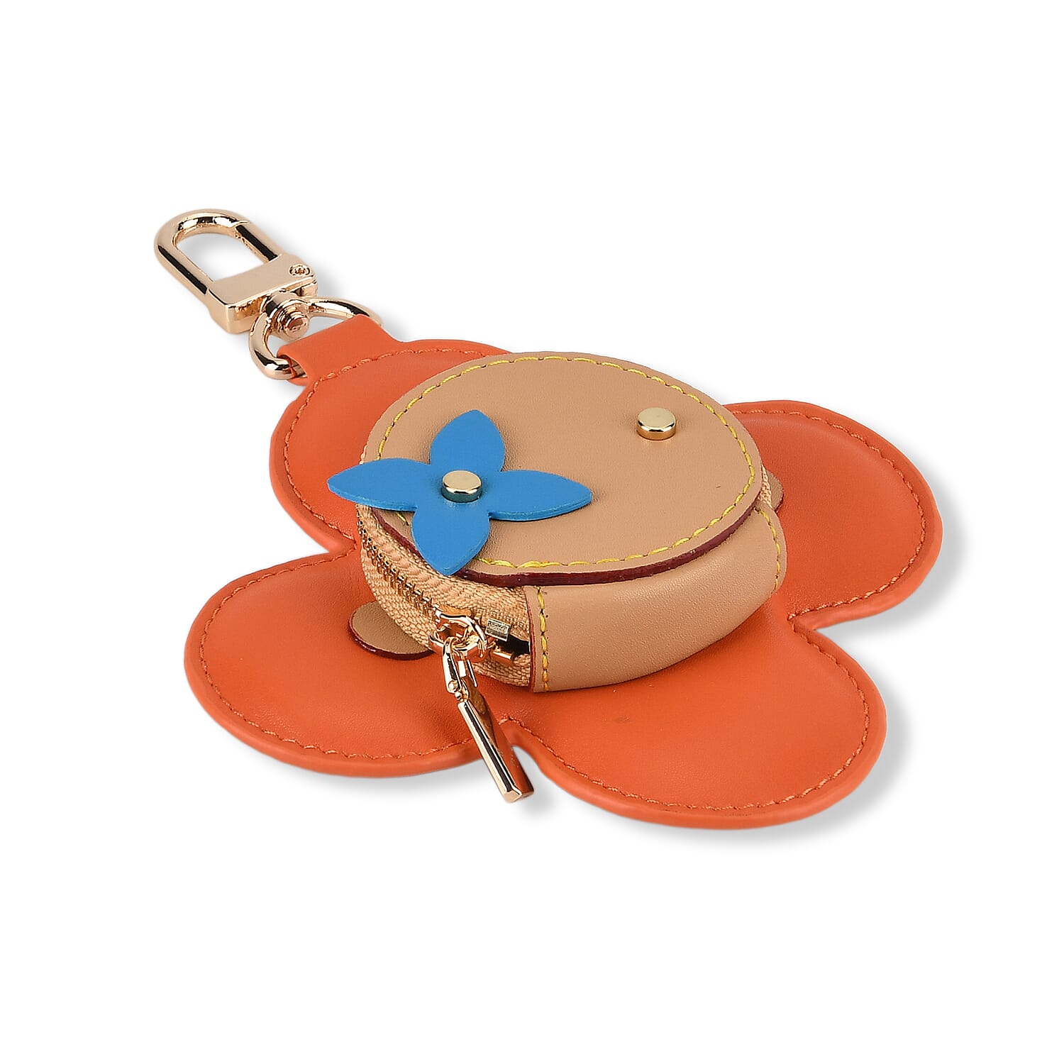 Genuine Leather Flower Keychain Bag Charm - Zipped Mini Coin Purse - Orange & Khaki