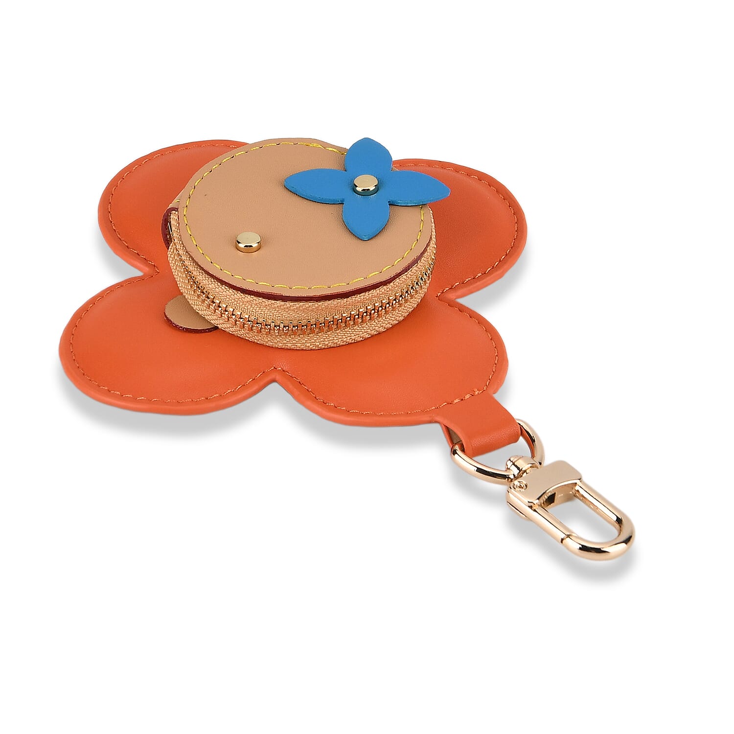 Genuine Leather Flower Keychain Bag Charm - Zipped Mini Coin Purse - Orange & Khaki