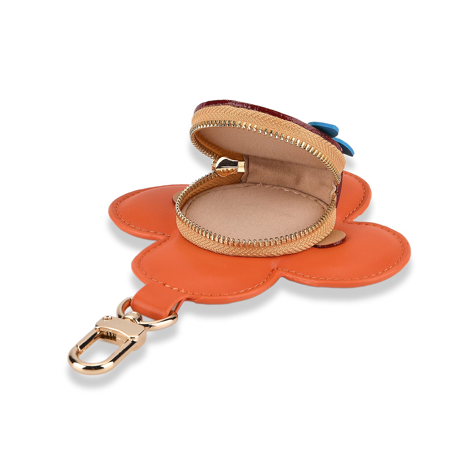 Genuine Leather Flower Keychain Bag Charm - Zipped Mini Coin Purse - Orange & Khaki