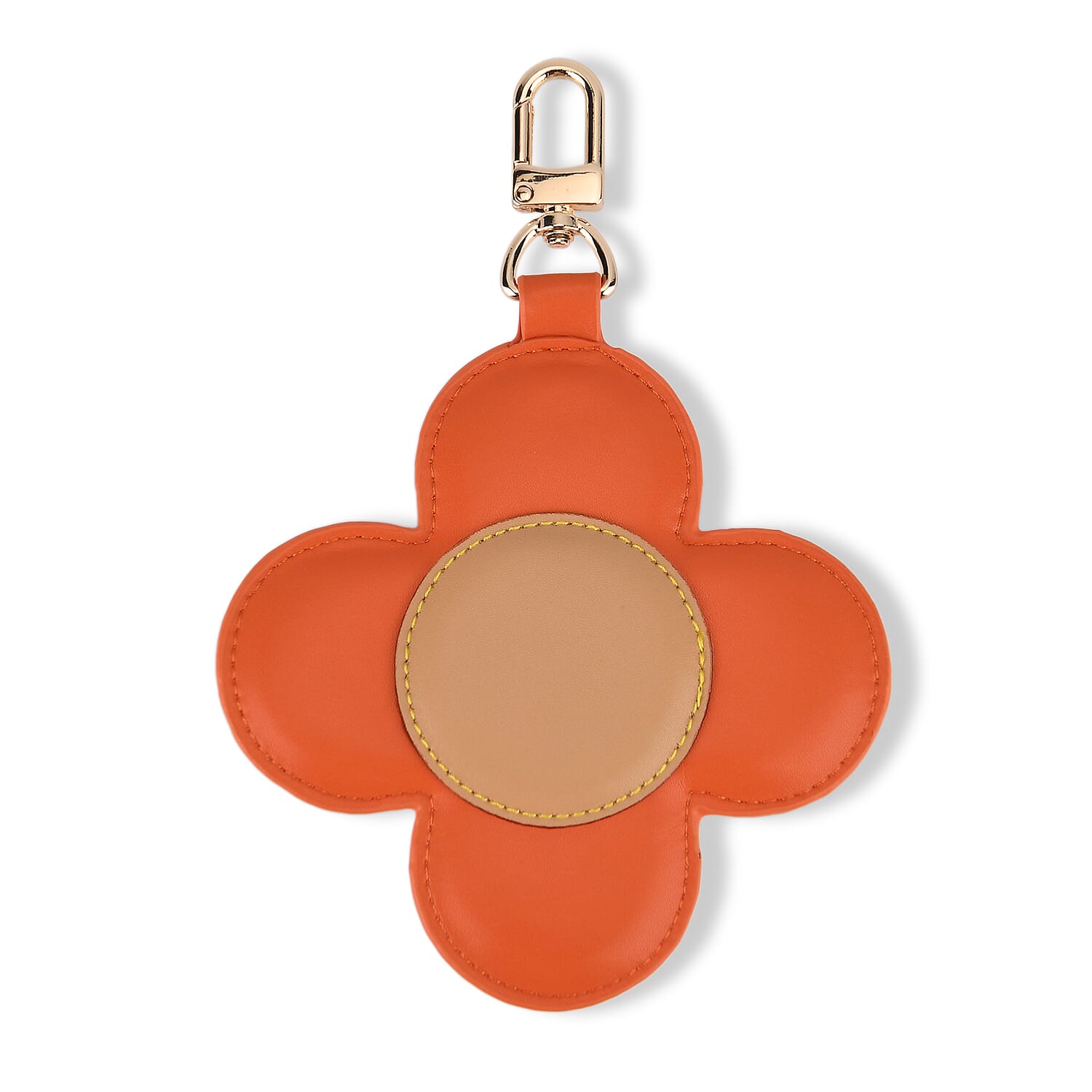 Genuine Leather Flower Keychain Bag Charm - Zipped Mini Coin Purse - Orange & Khaki