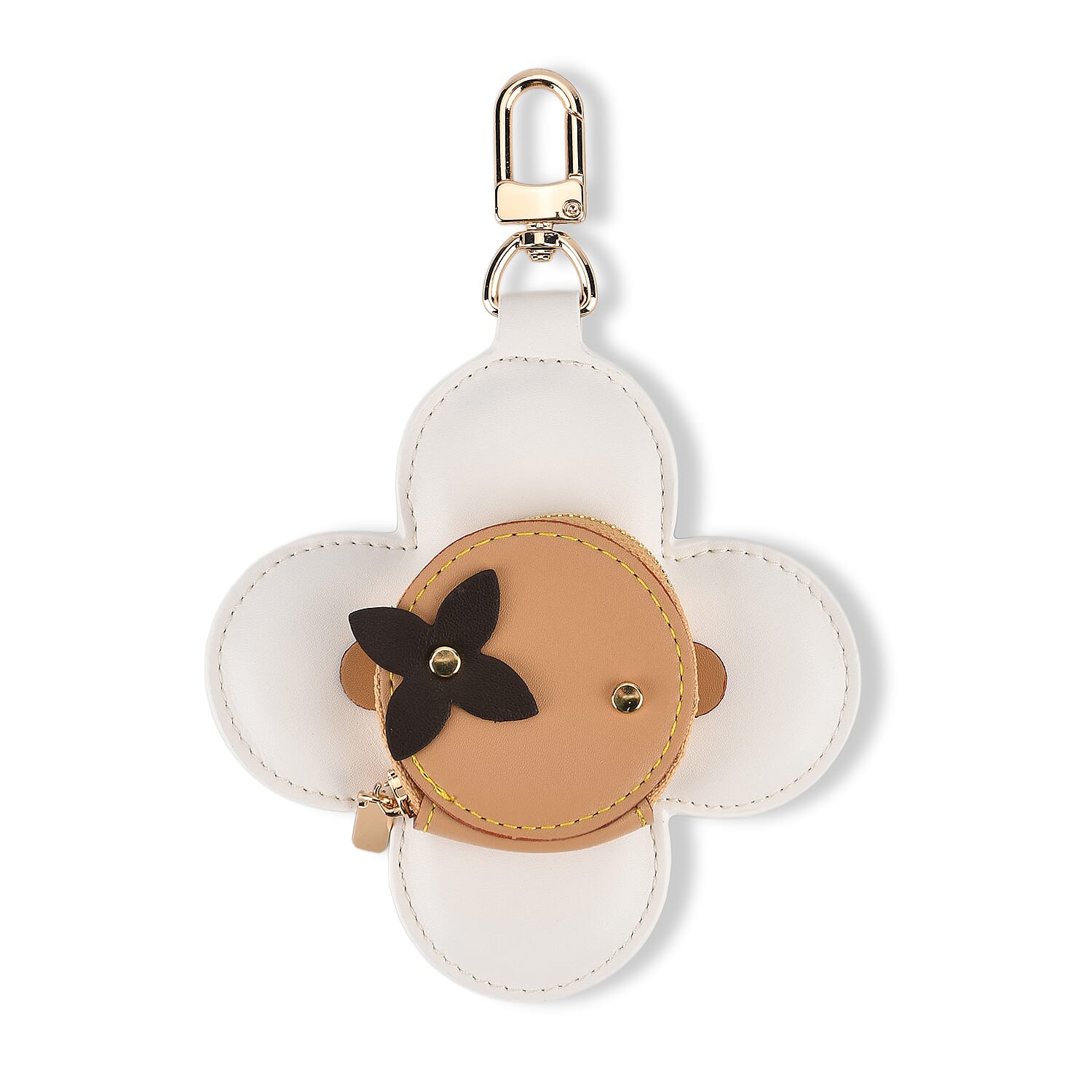 Genuine Leather Flower Keychain Bag Charm - Zipped Mini Coin Purse - White & Khaki