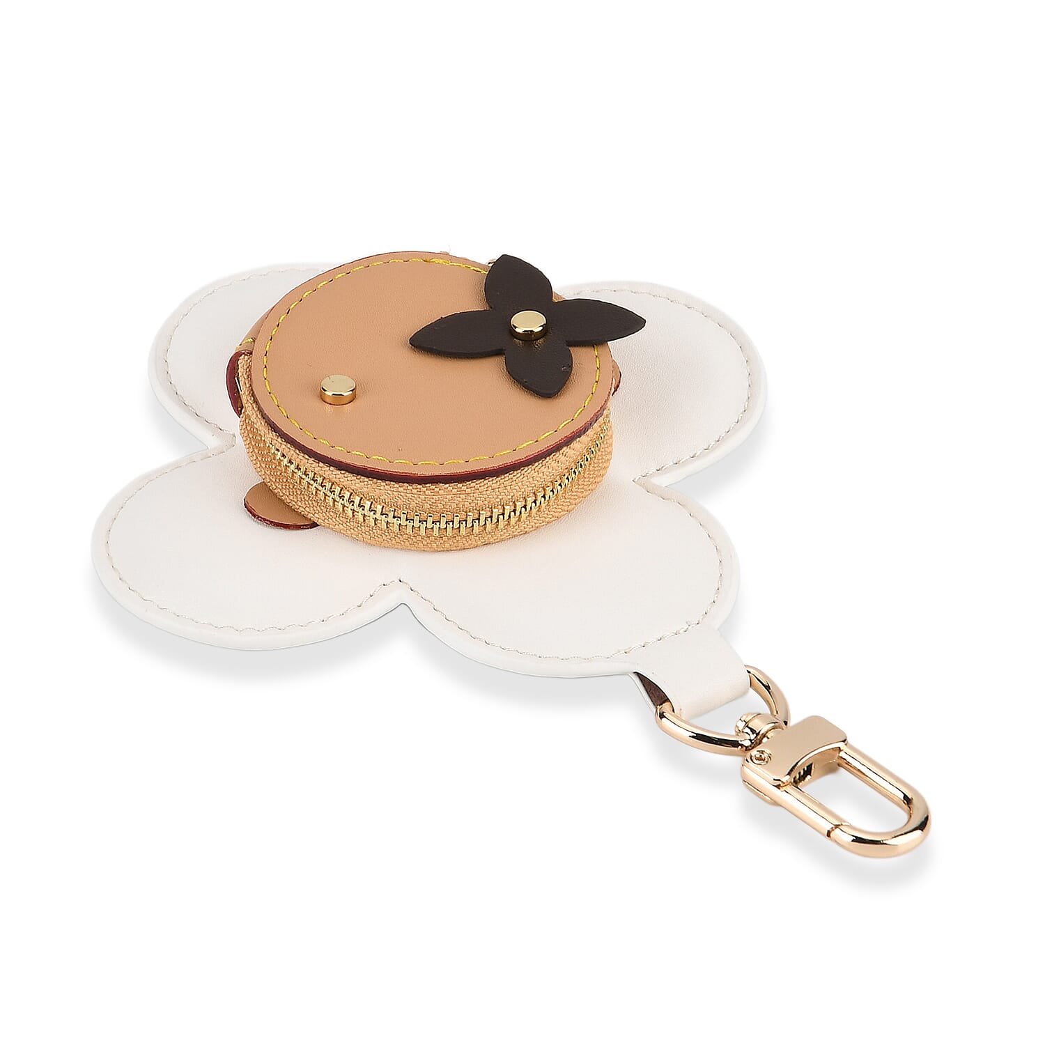 Genuine Leather Flower Keychain Bag Charm - Zipped Mini Coin Purse - White & Khaki