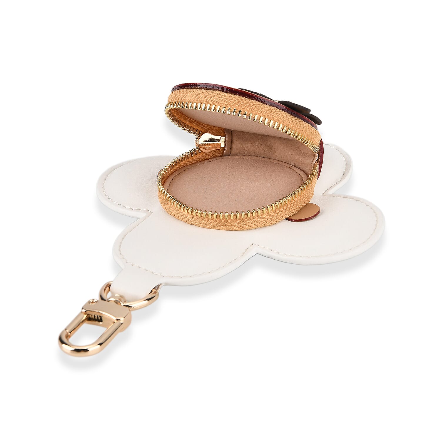 Genuine Leather Flower Keychain Bag Charm - Zipped Mini Coin Purse - White & Khaki