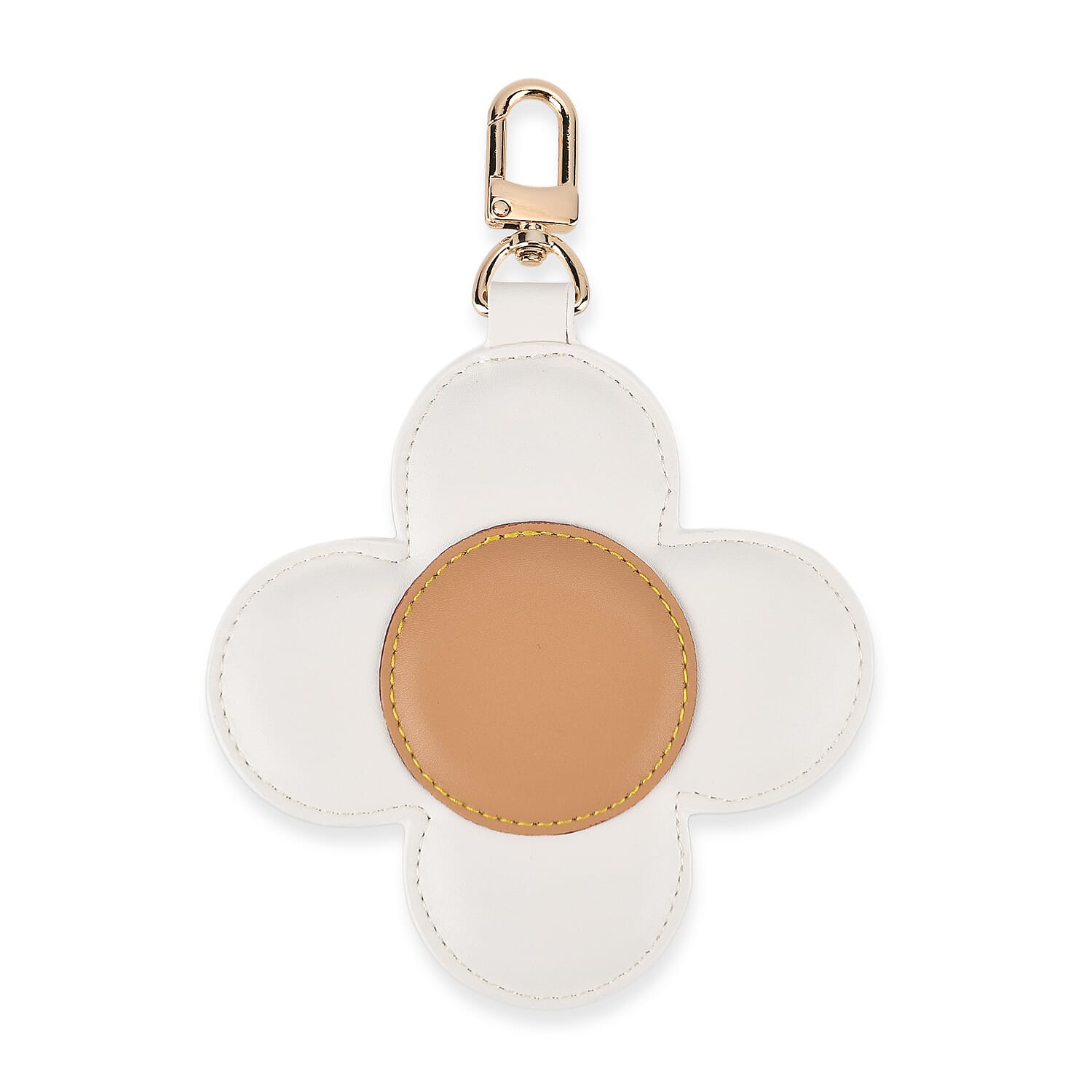 Genuine Leather Flower Keychain Bag Charm - Zipped Mini Coin Purse - White & Khaki