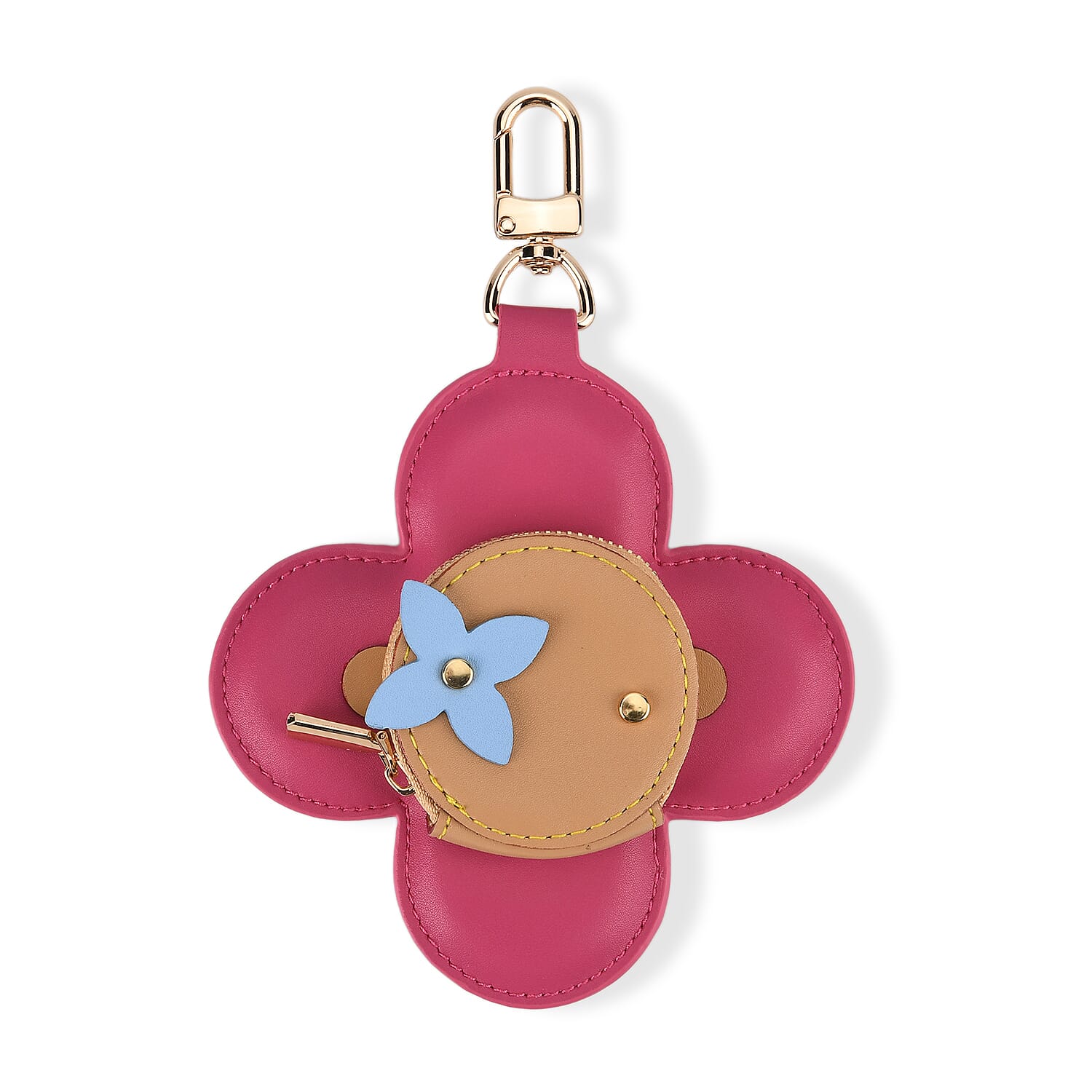 Genuine Leather Flower Keychain Bag Charm - Zipped Mini Coin Purse - Pink & Khaki