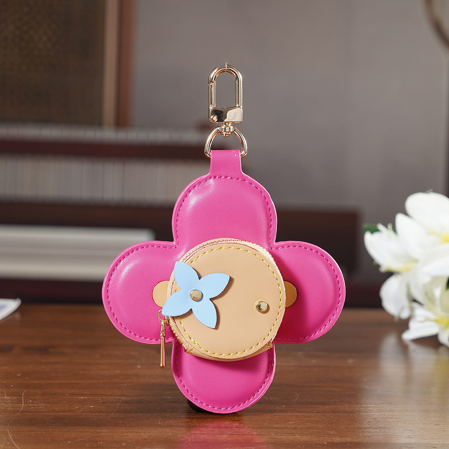 Genuine Leather Flower Keychain Bag Charm - Zipped Mini Coin Purse - Pink & Khaki