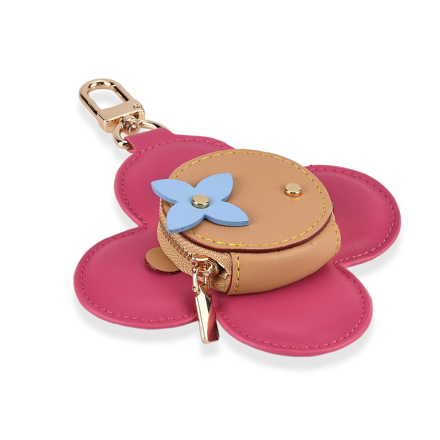 Genuine Leather Flower Keychain Bag Charm - Zipped Mini Coin Purse - Pink & Khaki