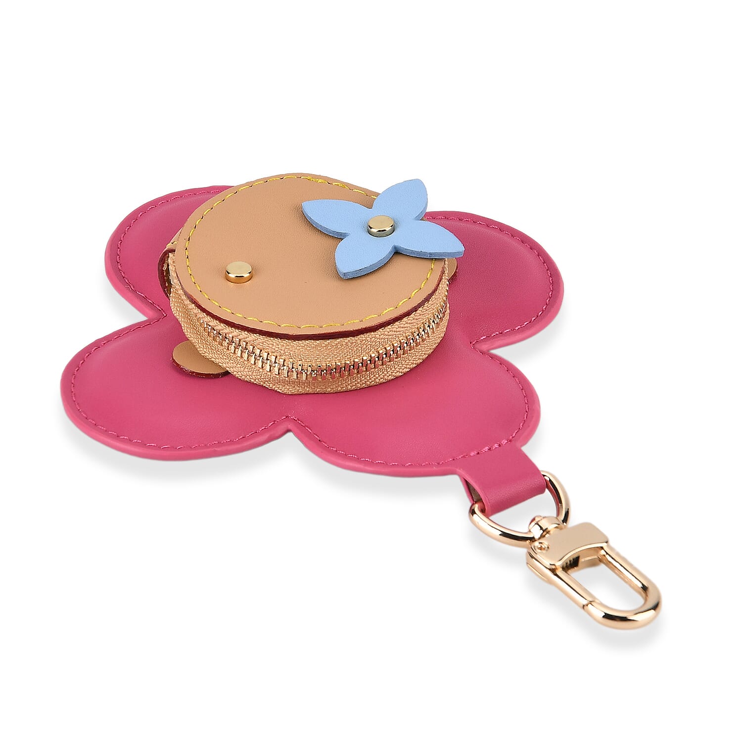 Genuine Leather Flower Keychain Bag Charm - Zipped Mini Coin Purse - Pink & Khaki