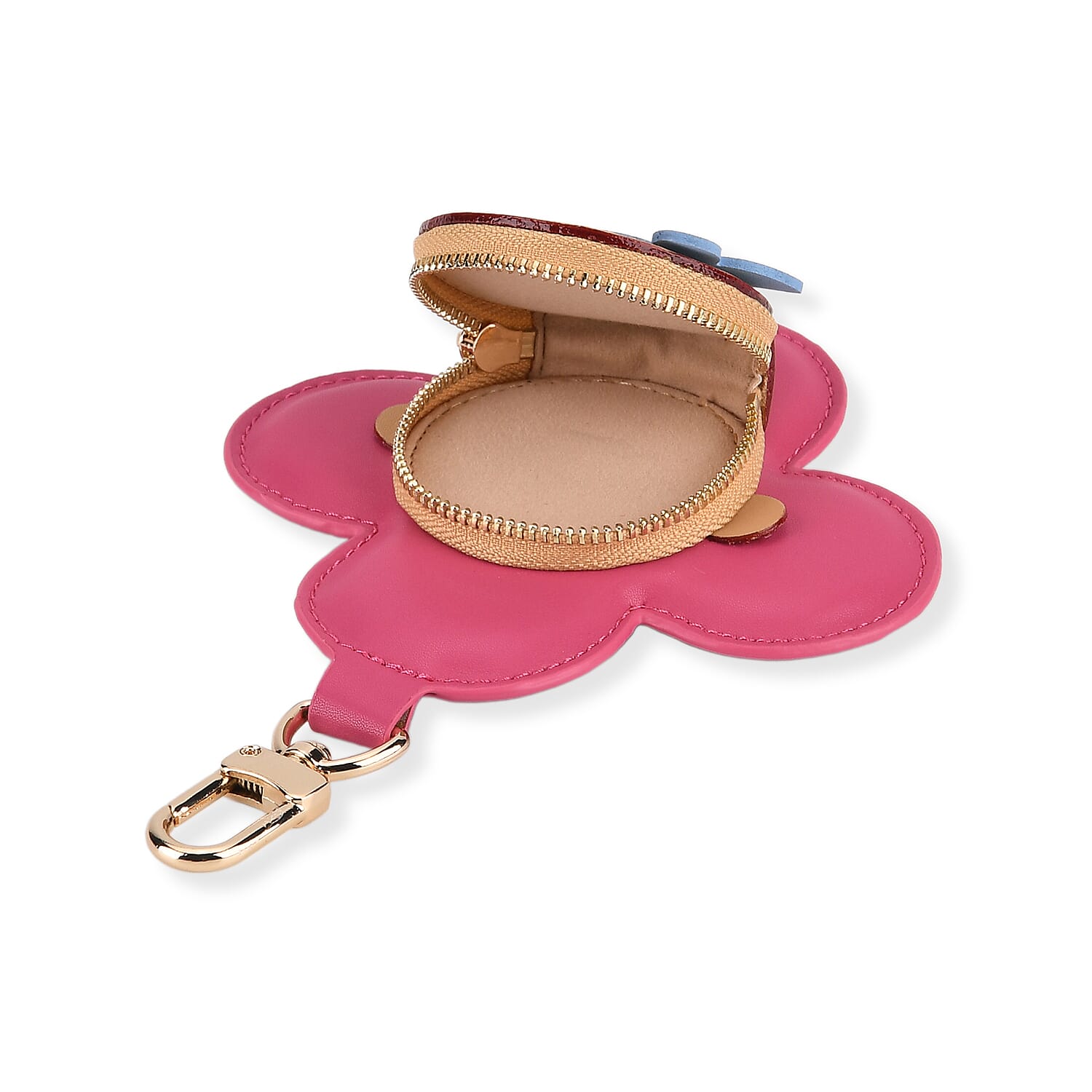 Genuine Leather Flower Keychain Bag Charm - Zipped Mini Coin Purse - Pink & Khaki