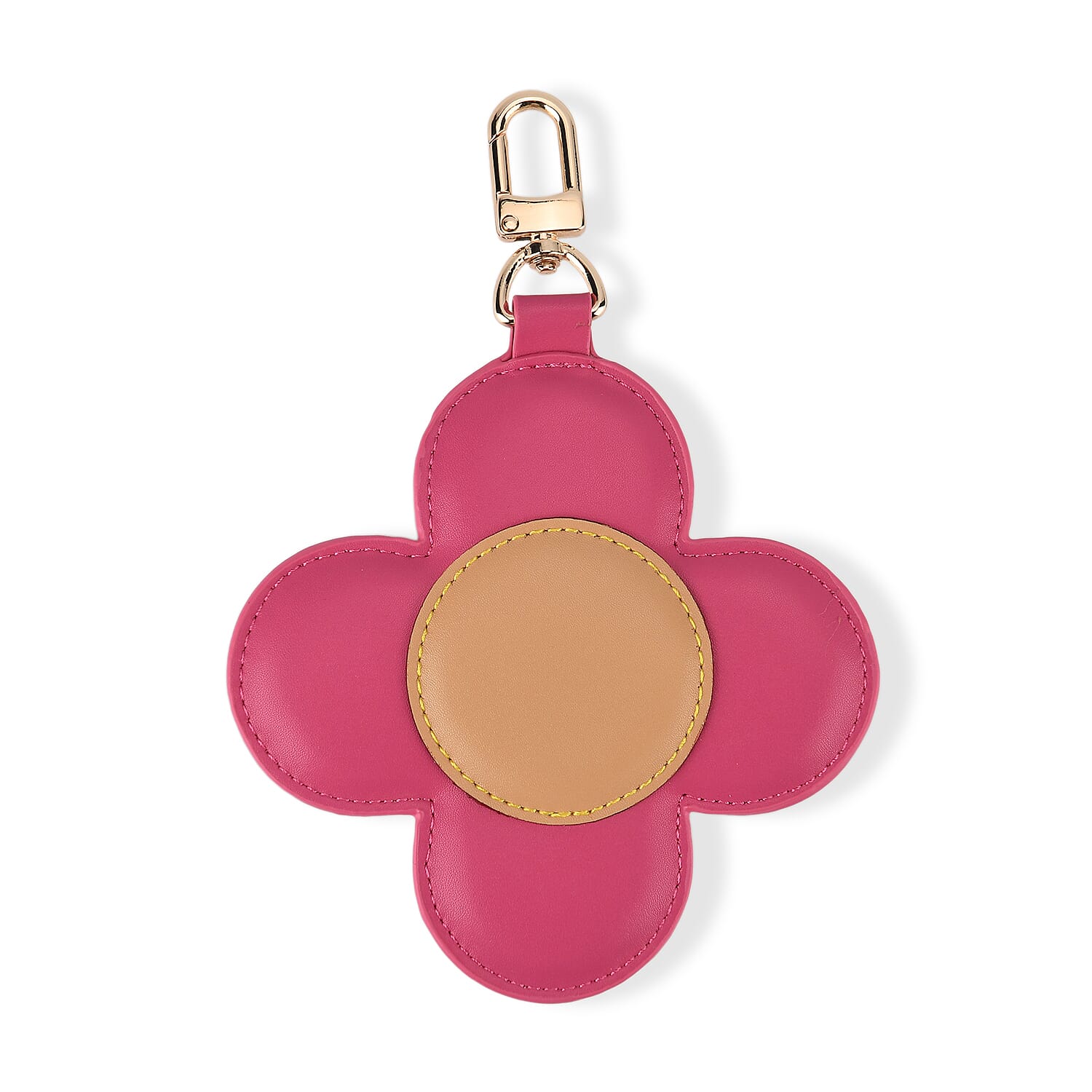 Genuine Leather Flower Keychain Bag Charm - Zipped Mini Coin Purse - Pink & Khaki