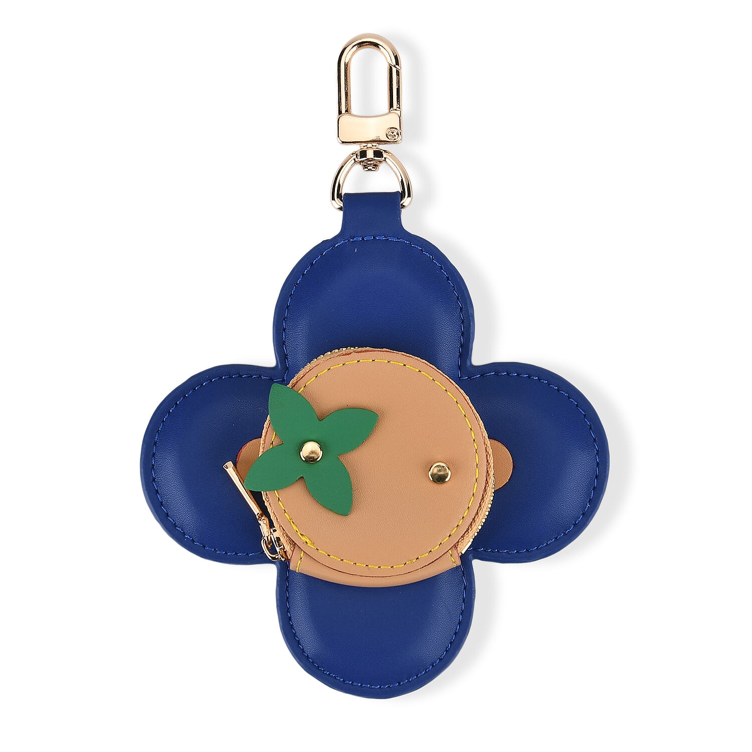 Genuine Leather Flower Keychain Bag Charm - Zipped Mini Coin Purse - Blue & Khaki