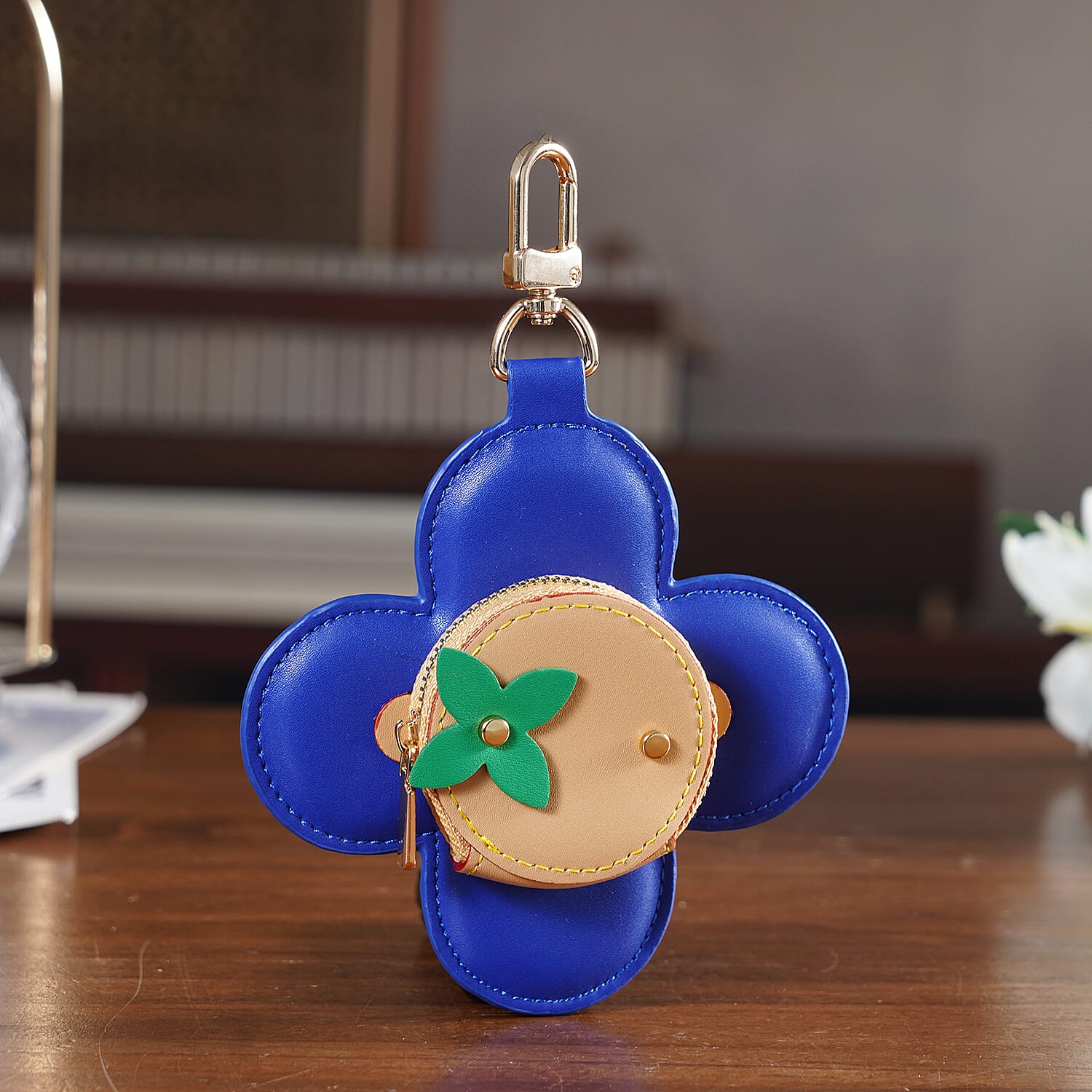 Genuine Leather Flower Keychain Bag Charm - Zipped Mini Coin Purse - Blue & Khaki