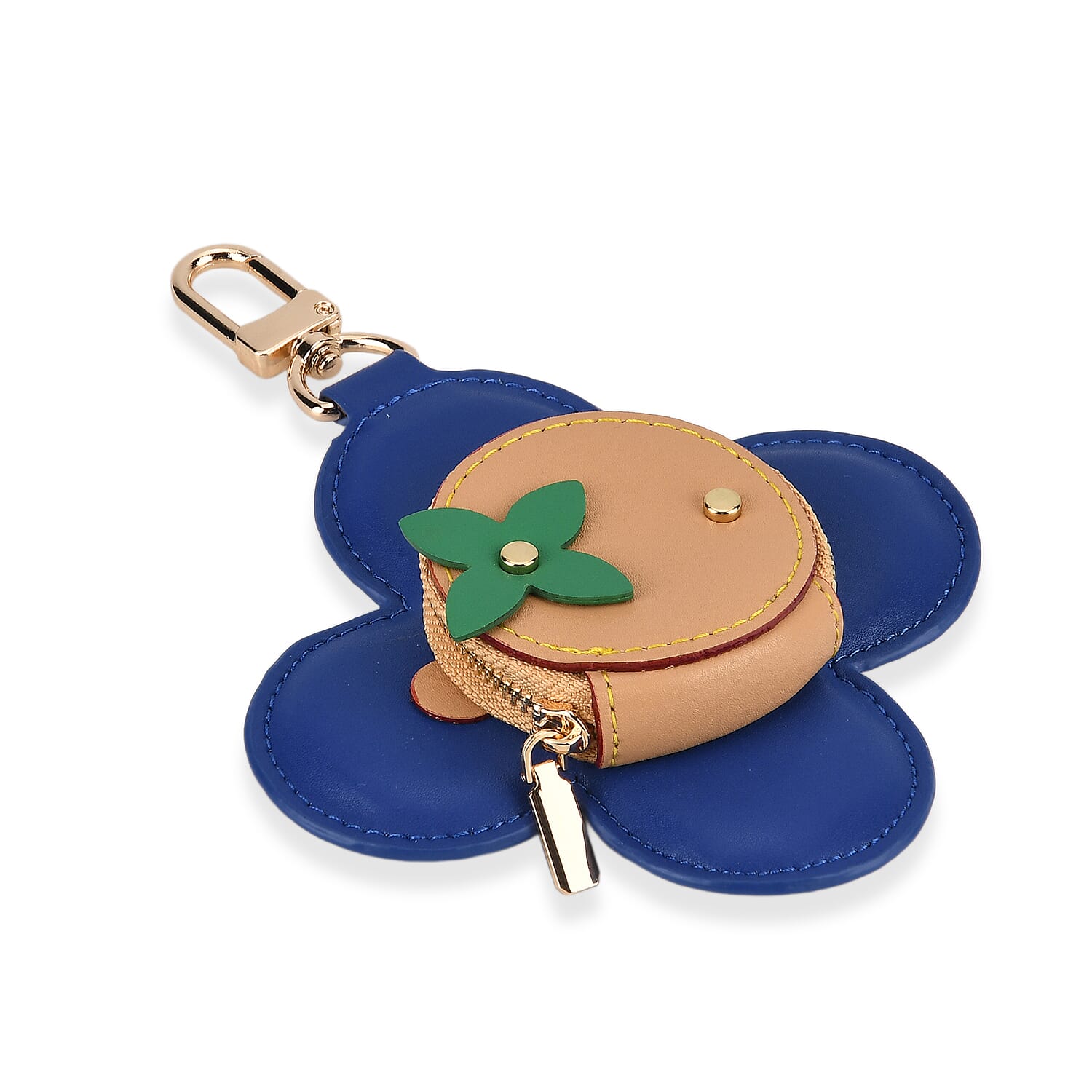Genuine Leather Flower Keychain Bag Charm - Zipped Mini Coin Purse - Blue & Khaki