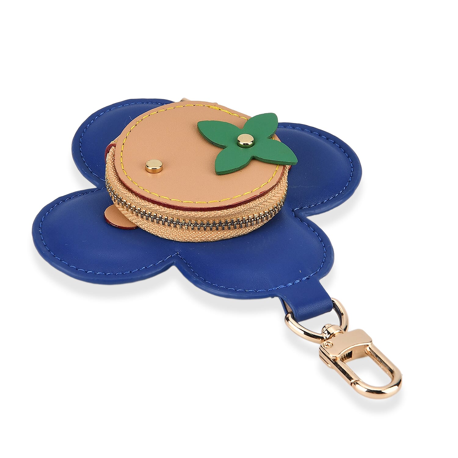 Genuine Leather Flower Keychain Bag Charm - Zipped Mini Coin Purse - Blue & Khaki