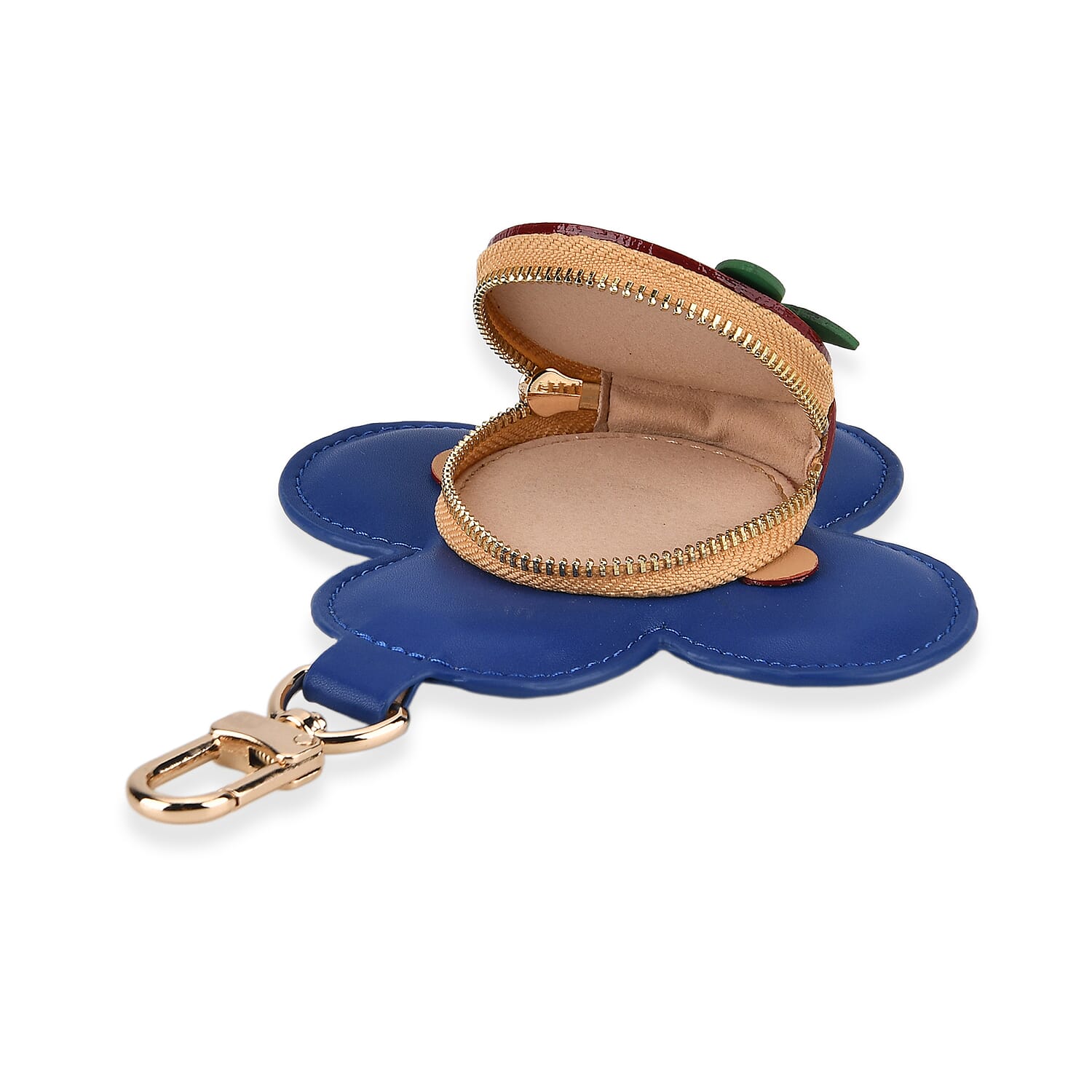 Genuine Leather Flower Keychain Bag Charm - Zipped Mini Coin Purse - Blue & Khaki