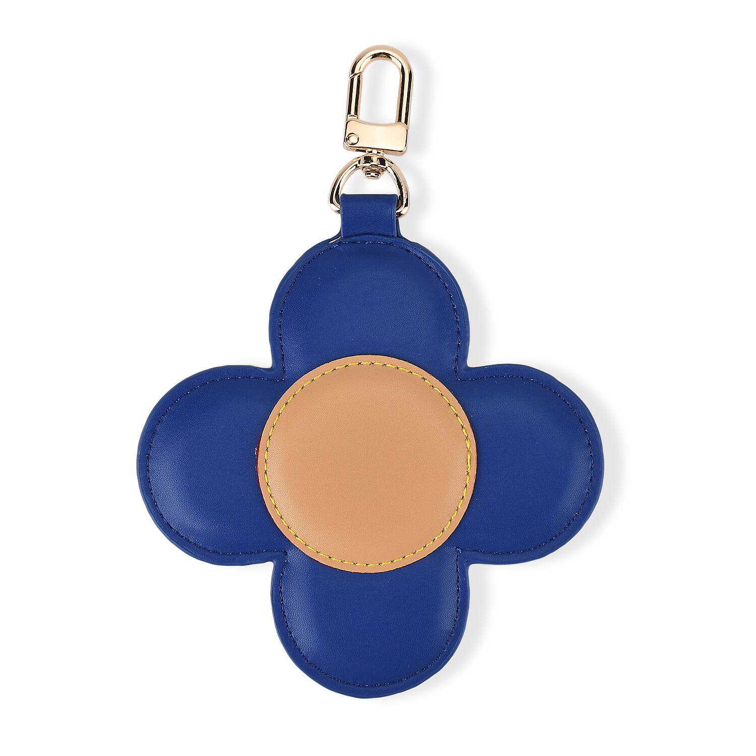 Genuine Leather Flower Keychain Bag Charm - Zipped Mini Coin Purse - Blue & Khaki