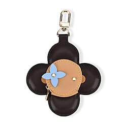 Genuine Leather Flower Keychain Bag Charm - Zipped Mini Coin Purse - Black