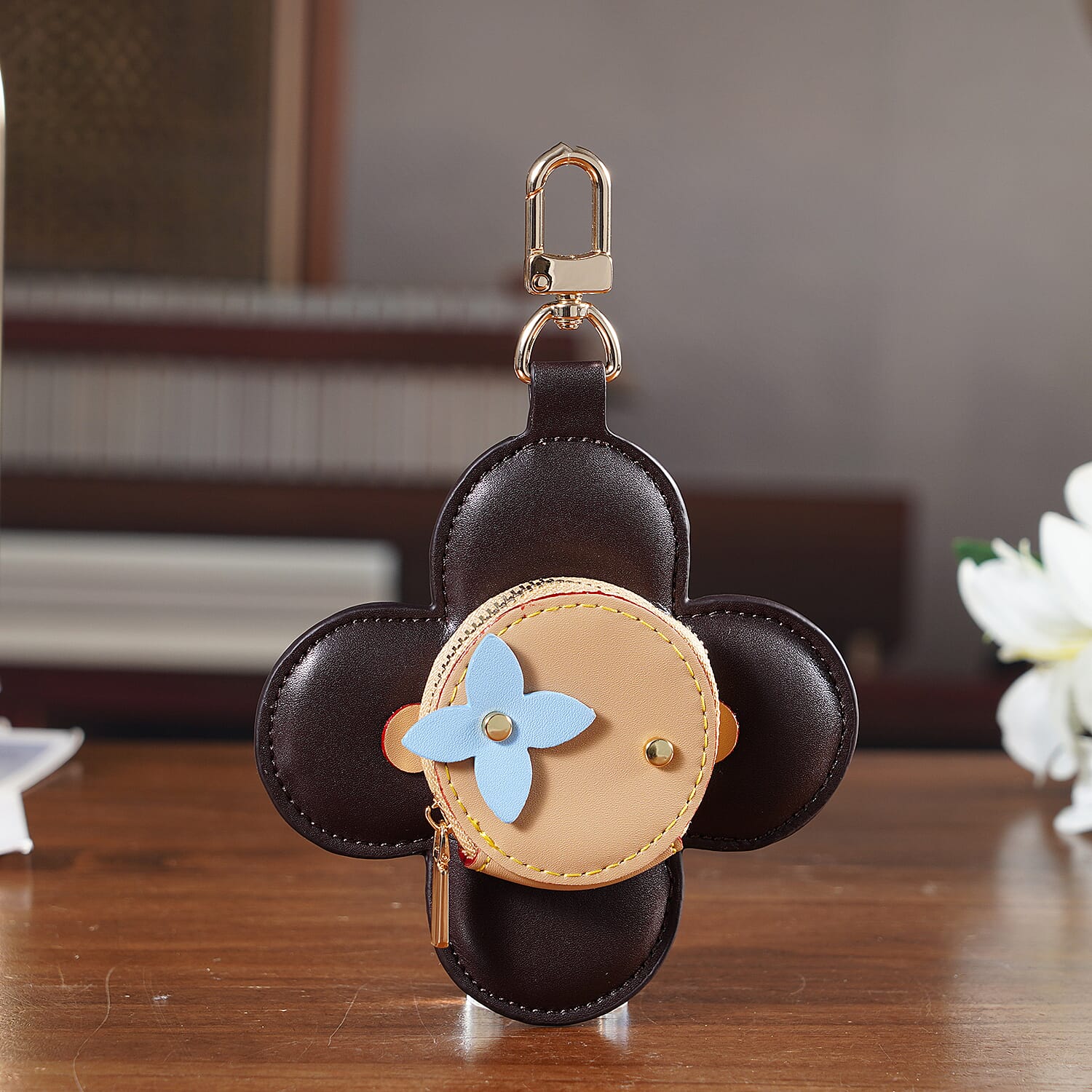 Genuine Leather Flower Keychain Bag Charm - Zipped Mini Coin Purse - Black & Khaki