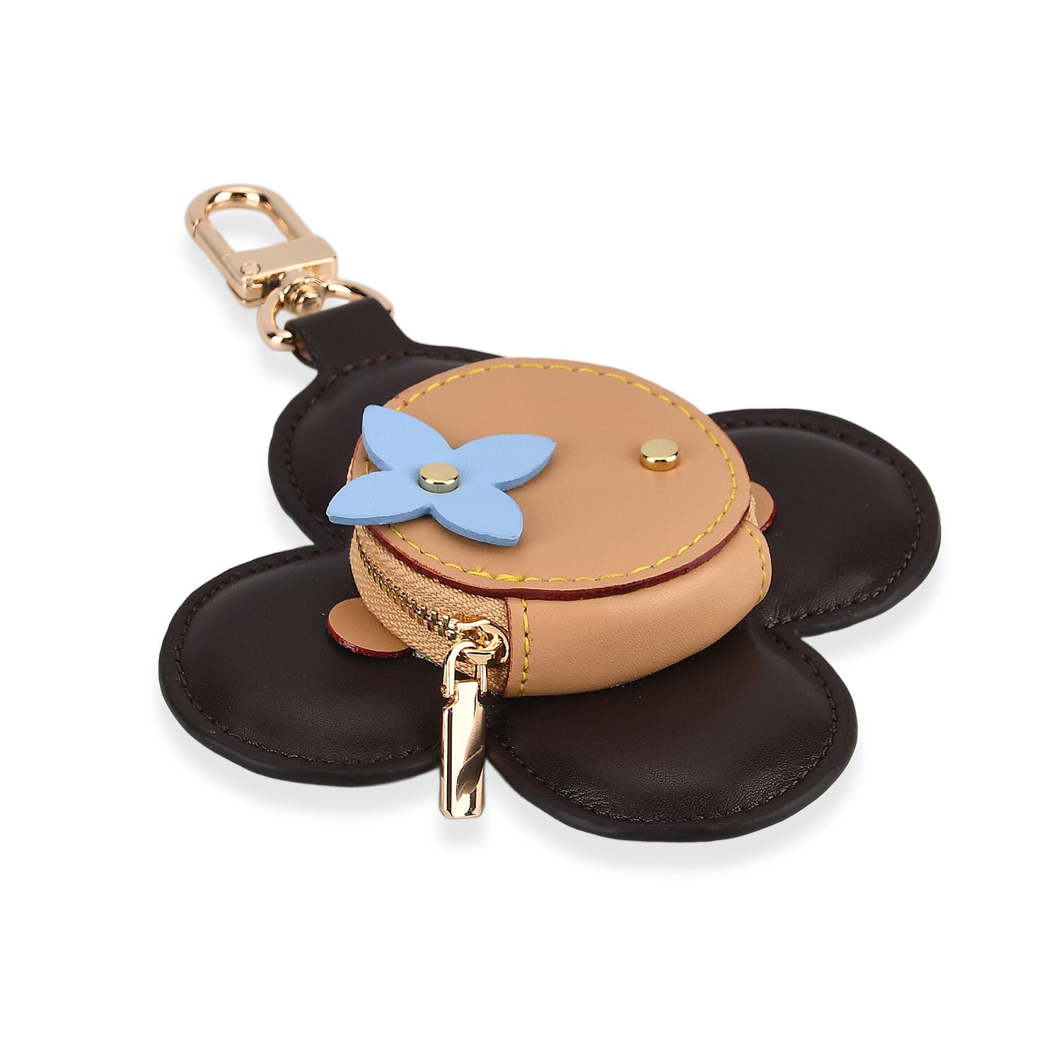 Genuine Leather Flower Keychain Bag Charm - Zipped Mini Coin Purse - Black & Khaki