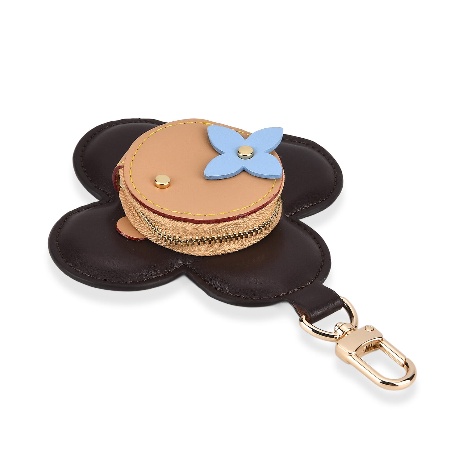 Genuine Leather Flower Keychain Bag Charm - Zipped Mini Coin Purse - Black & Khaki