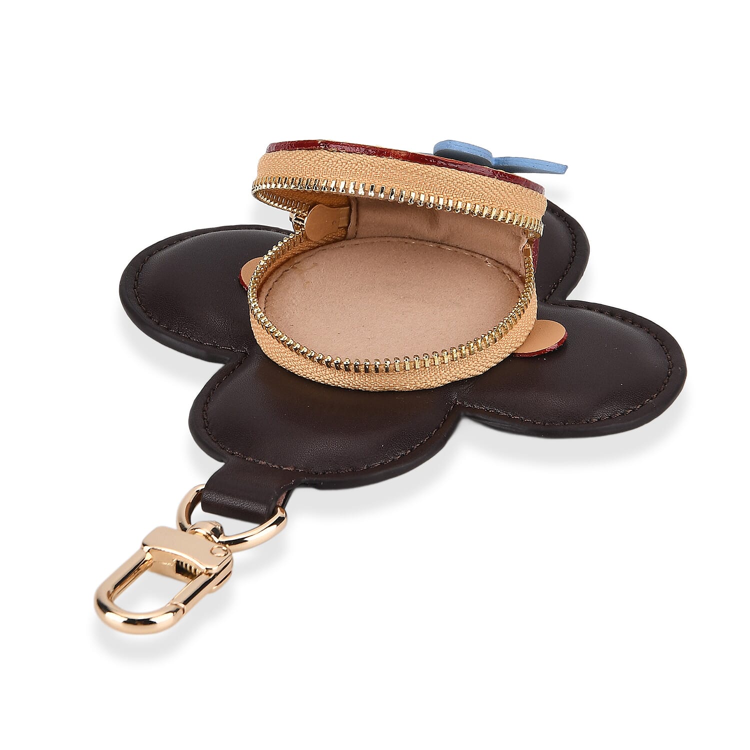 Genuine Leather Flower Keychain Bag Charm - Zipped Mini Coin Purse - Black & Khaki