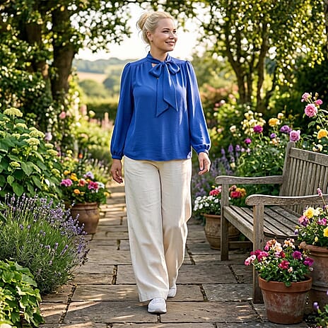 - Maisi Long-Sleeved Pussy-Bow Tie Neck V-Neck Blouse (Size S, Fit 8 To 10) - Blue