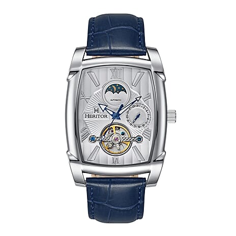 HERITOR Valentin Automatic 5ATM WR Black Dial - Silver Case Mens Watch with Blue Leather Strap