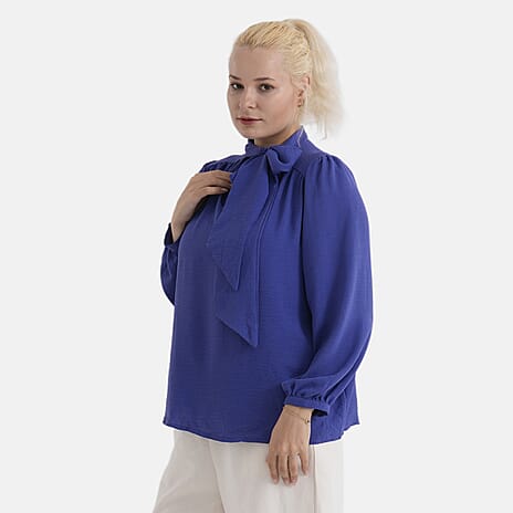 - Maisi Long-Sleeved Pussy-Bow Tie Neck V-Neck Blouse (Size L, Fit 16 To 18) - Blue