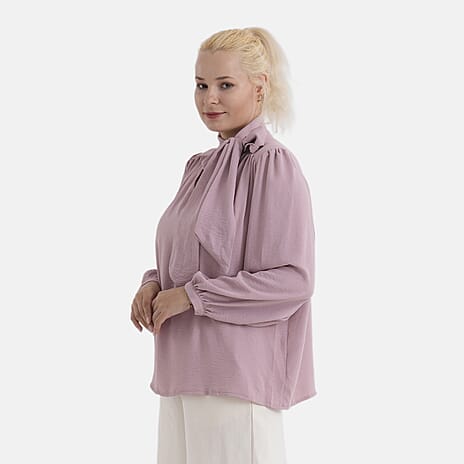 - Maisi Long-Sleeved Pussy-Bow Tie Neck V-Neck Blouse (Size S, Fit 8 To 10) - Pink