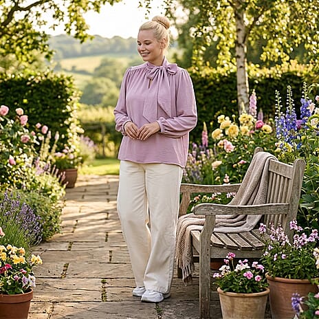 - Maisi Long-Sleeved Pussy-Bow Tie Neck V-Neck Blouse (Size M, Fit 12 To 14) - Pink